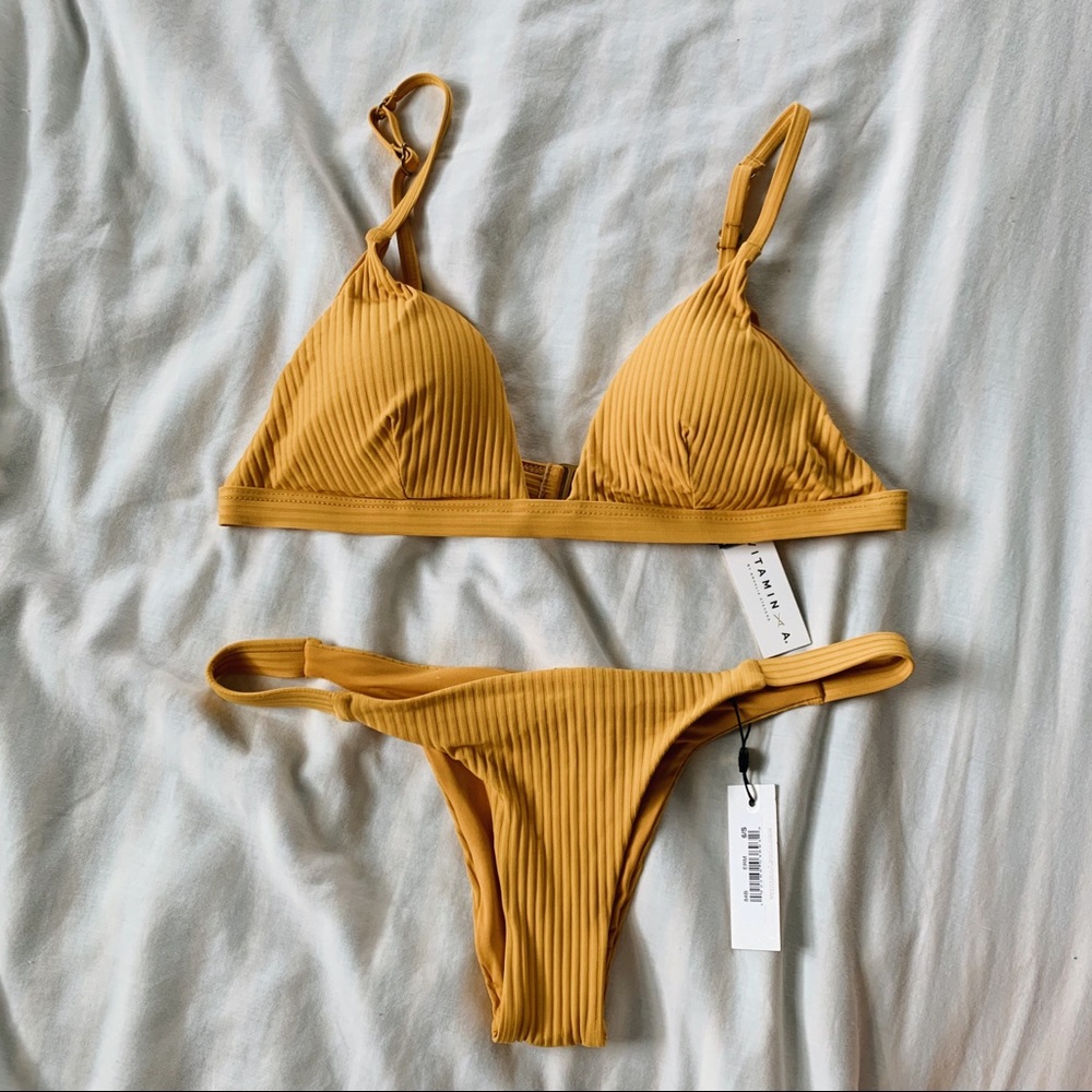 Vitamin A Ribbed Marigold Triangle Bikini Set